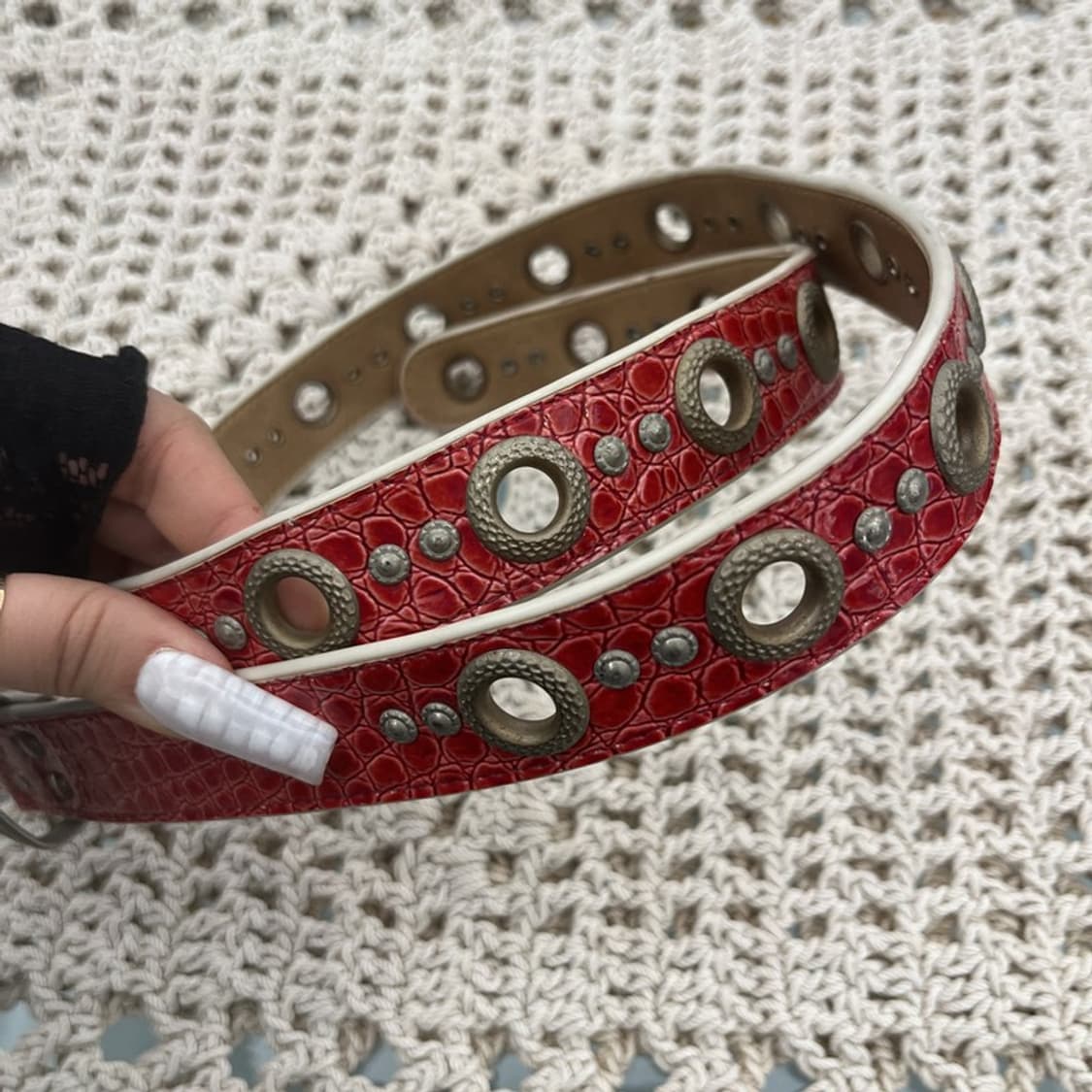 빈티지 레트로 Y2K 스트릿 펑크 레드 뱀피 아일렛 벨트 C10848 상품이미지4