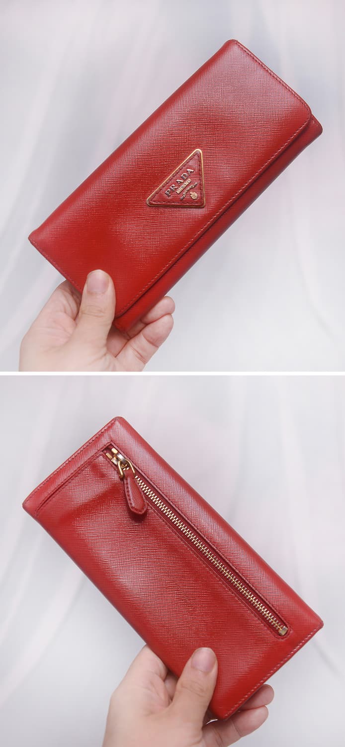 프라다 삼각로고 금장 레드 사피아노 플랩 장지갑 상품이미지3