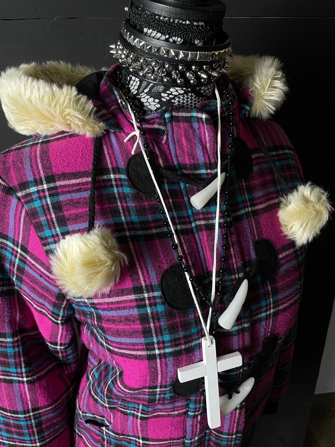 JPN  갸루 펑크 핑크 체크 패턴 퍼 더플 토글 떡볶이 코트 떡코 상품이미지5