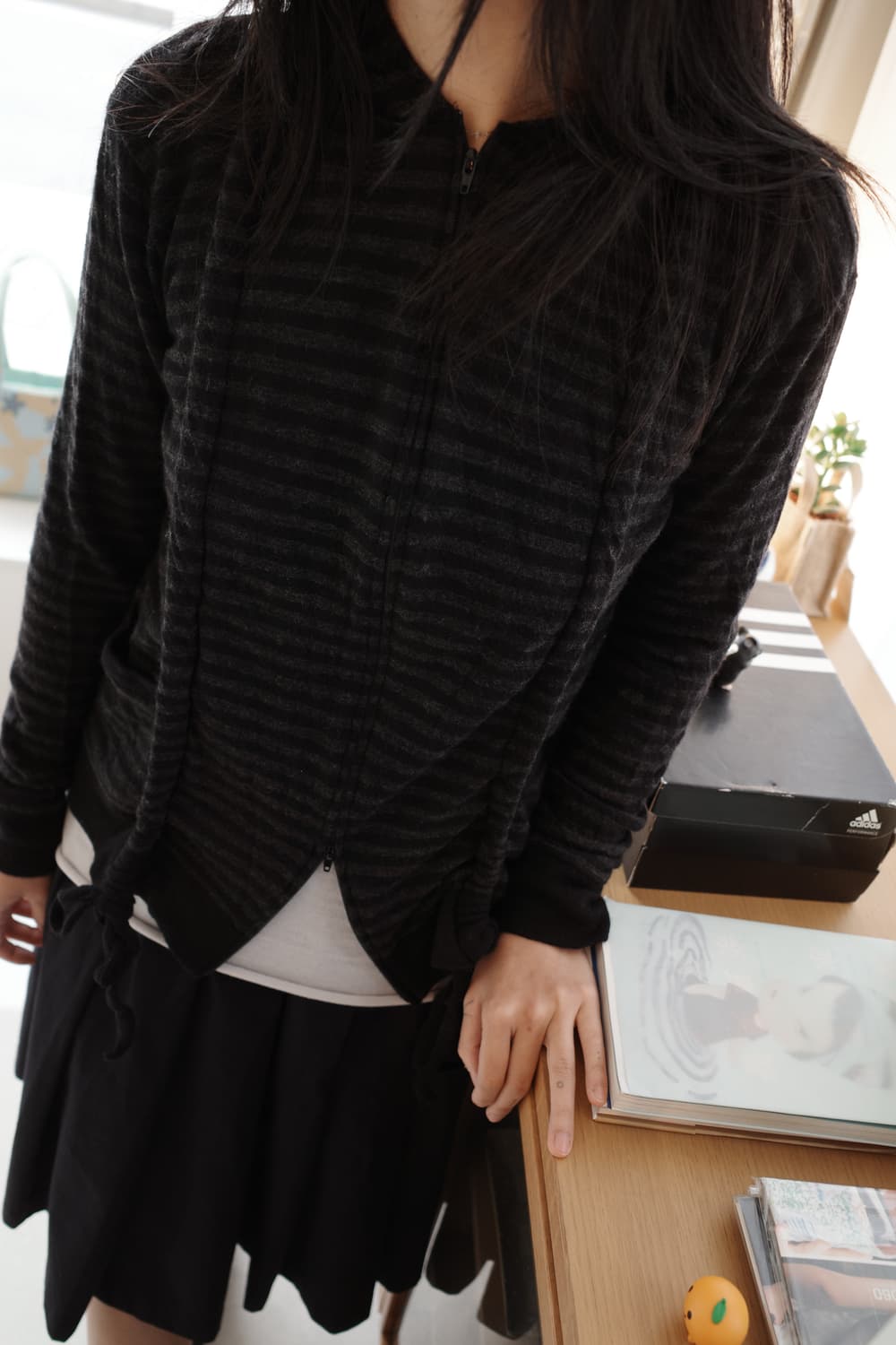 Shirring stripe wool hood zip-up 상품이미지1