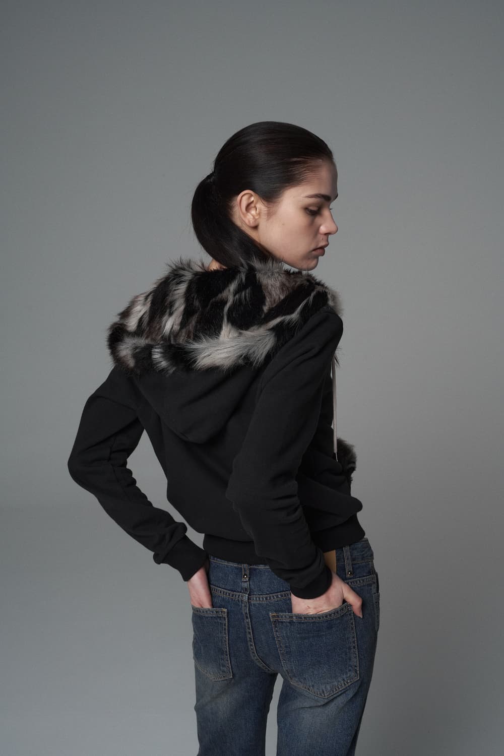 Wolf fur hooded zip-up Black 상품이미지2