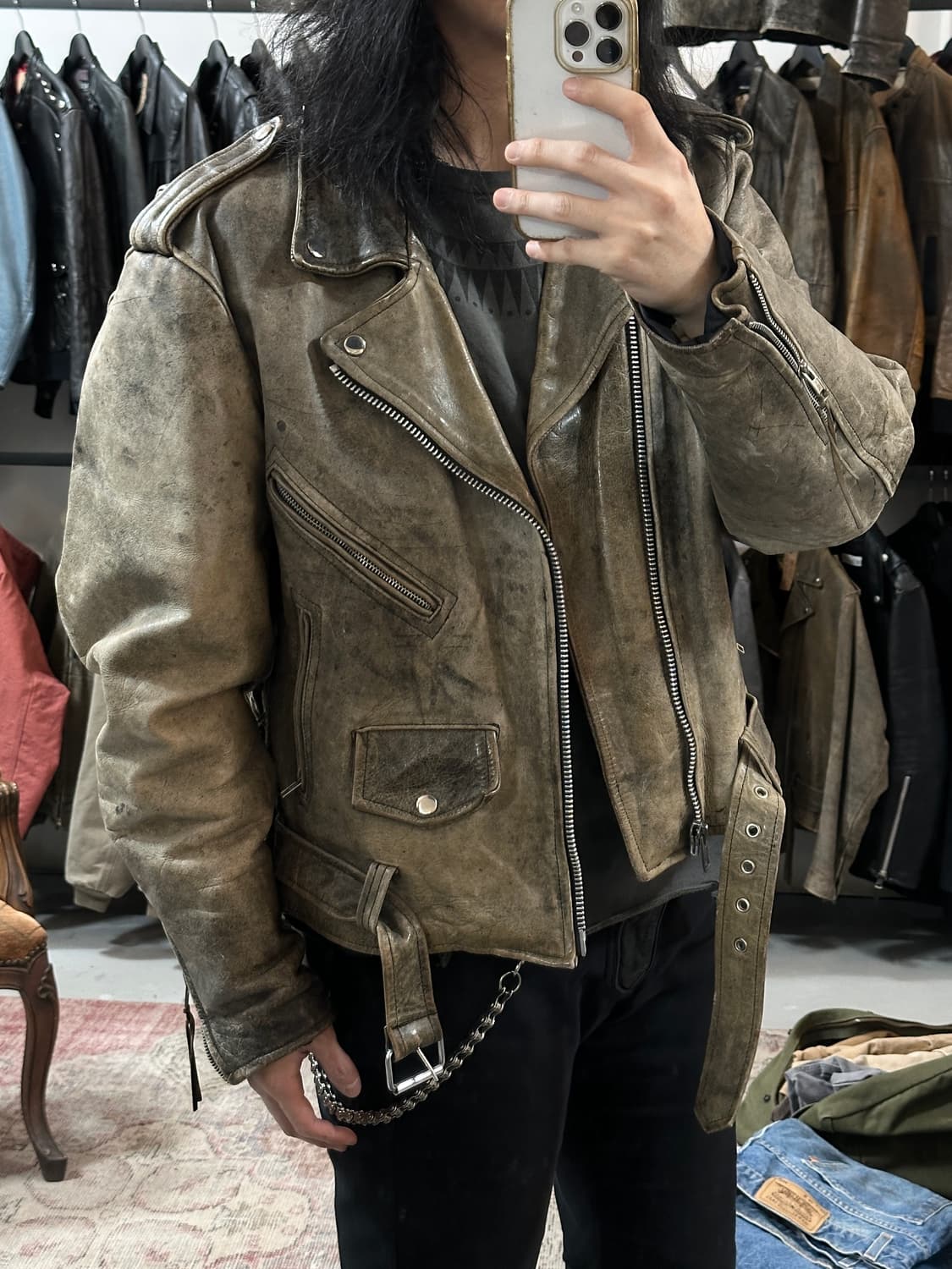 90's 빈티지 하드 에이징 레더 라이더 자켓 빈티지 레더 자켓 상품이미지3