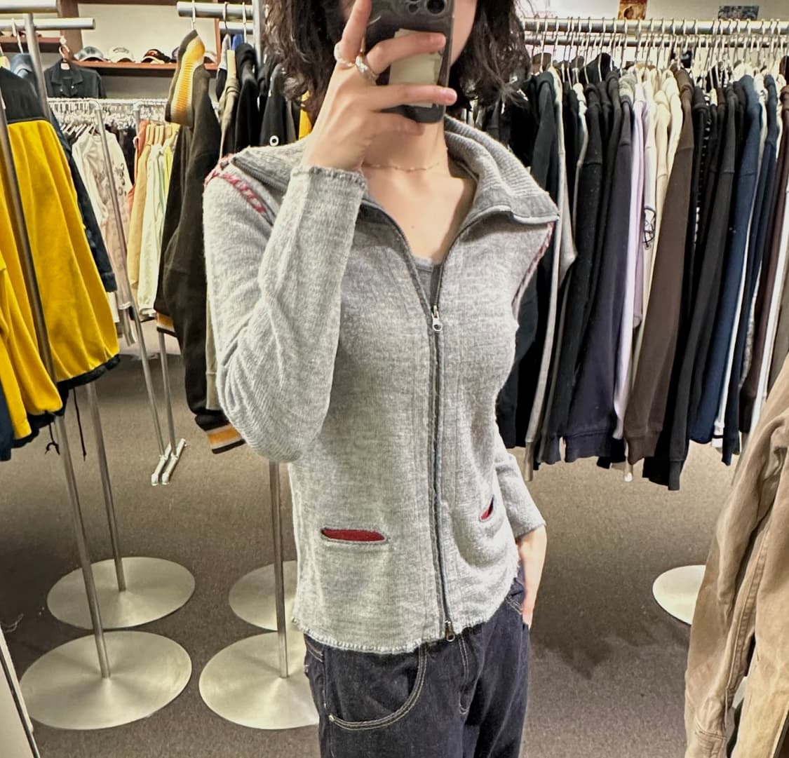 OS)Japanese vintage 여성 배색 디테일 풀집업 니트 상품이미지1