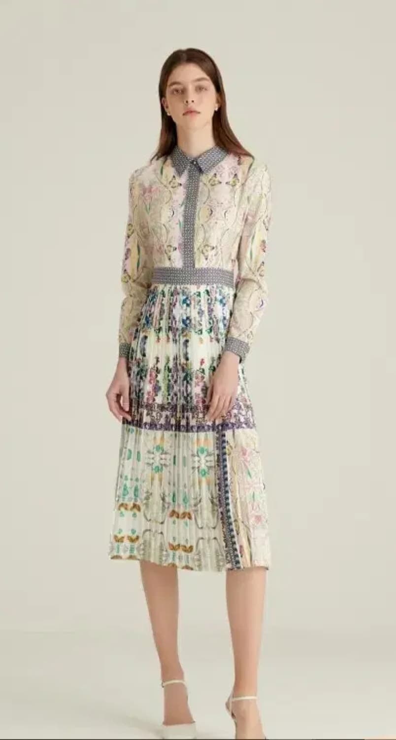 샤틴 SATIN 유니크 플라워 패턴 카라 플리츠 원피스 S211B671 상품이미지1