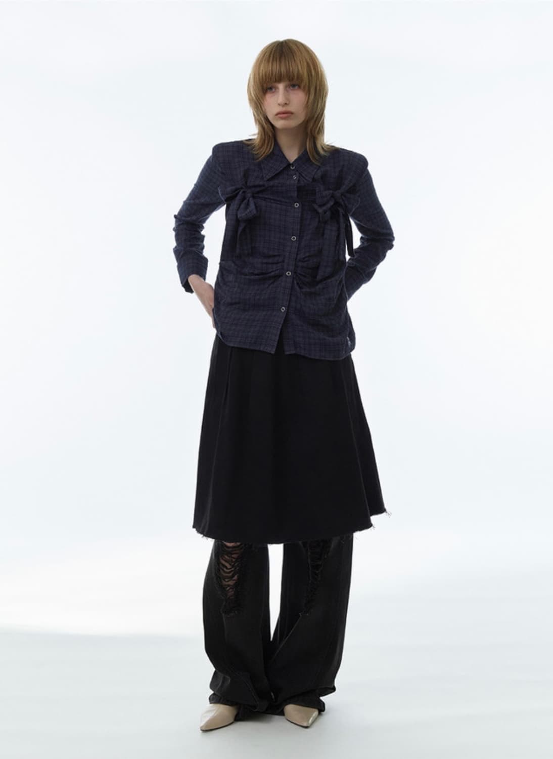 밀로 우먼 리본 타이 셔츠 네이비 상품이미지3