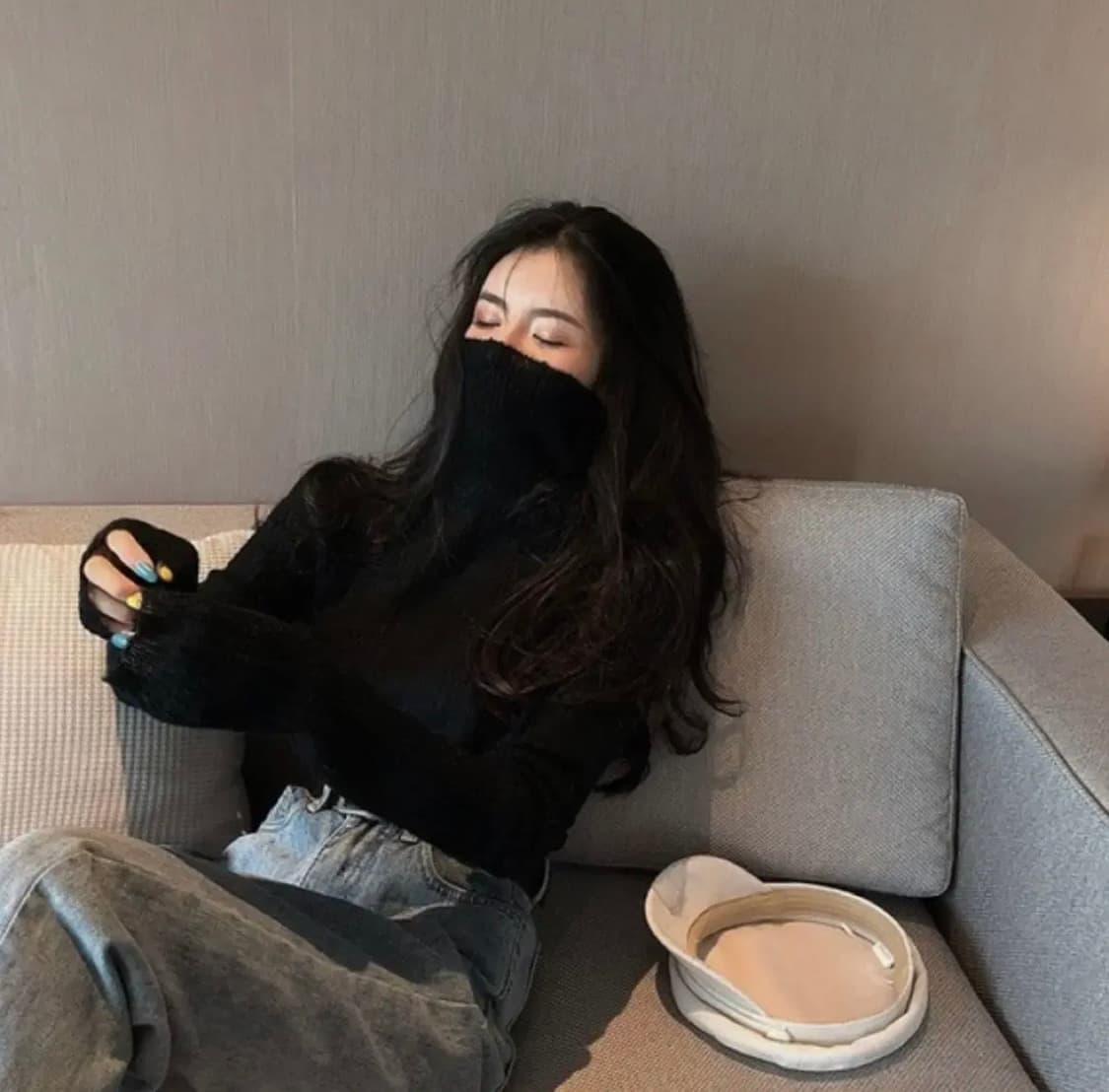 하이넥 터틀 폴라 시스루 니트탑 (블랙,검정) 상품이미지7