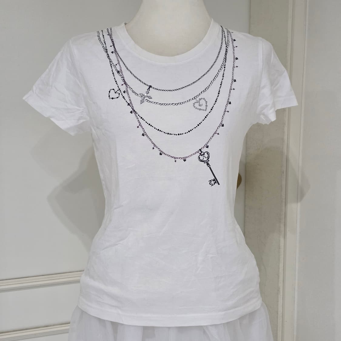 C.P.A. 일본빈티지)화이트 오네갸루st 체인넥클리스 프린팅 반팔티셔츠 상품이미지1