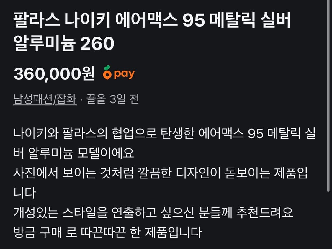 팔라스 나이키 에어맥스 95 메탈릭 실버 알루미늄 260 상품이미지2