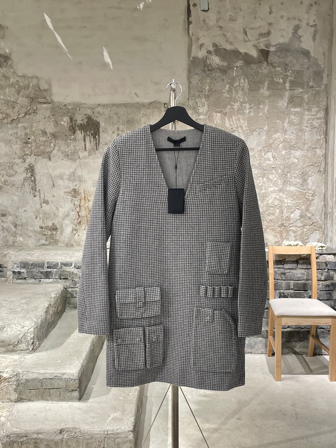 알렉산더 왕 그레이 멀티 포켓 깅엄 체크 V넥 울 미디 원피스 상품이미지1