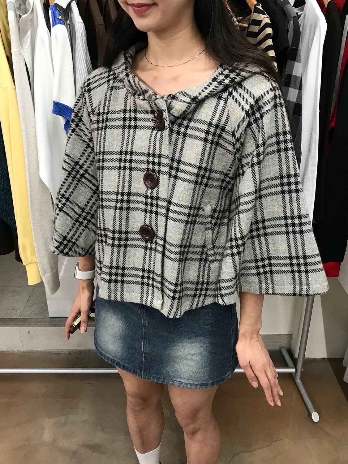 올리브데 올리브 체크 후드 망토 자켓 상품이미지7