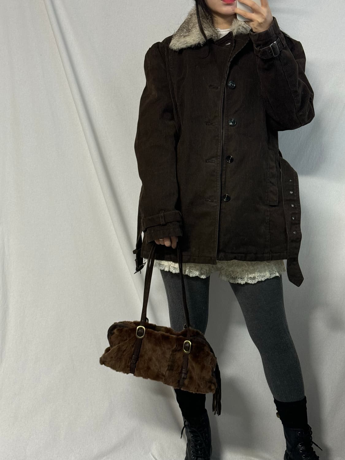 코듀로이 벨티드 퍼 카라 코트 상품이미지9