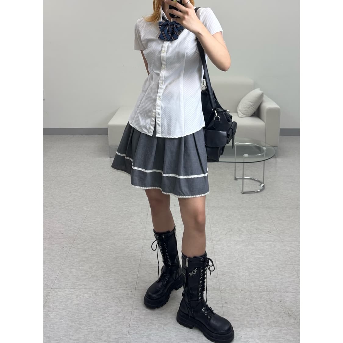 빈티지 그레이 프레피 스커트 상품이미지1