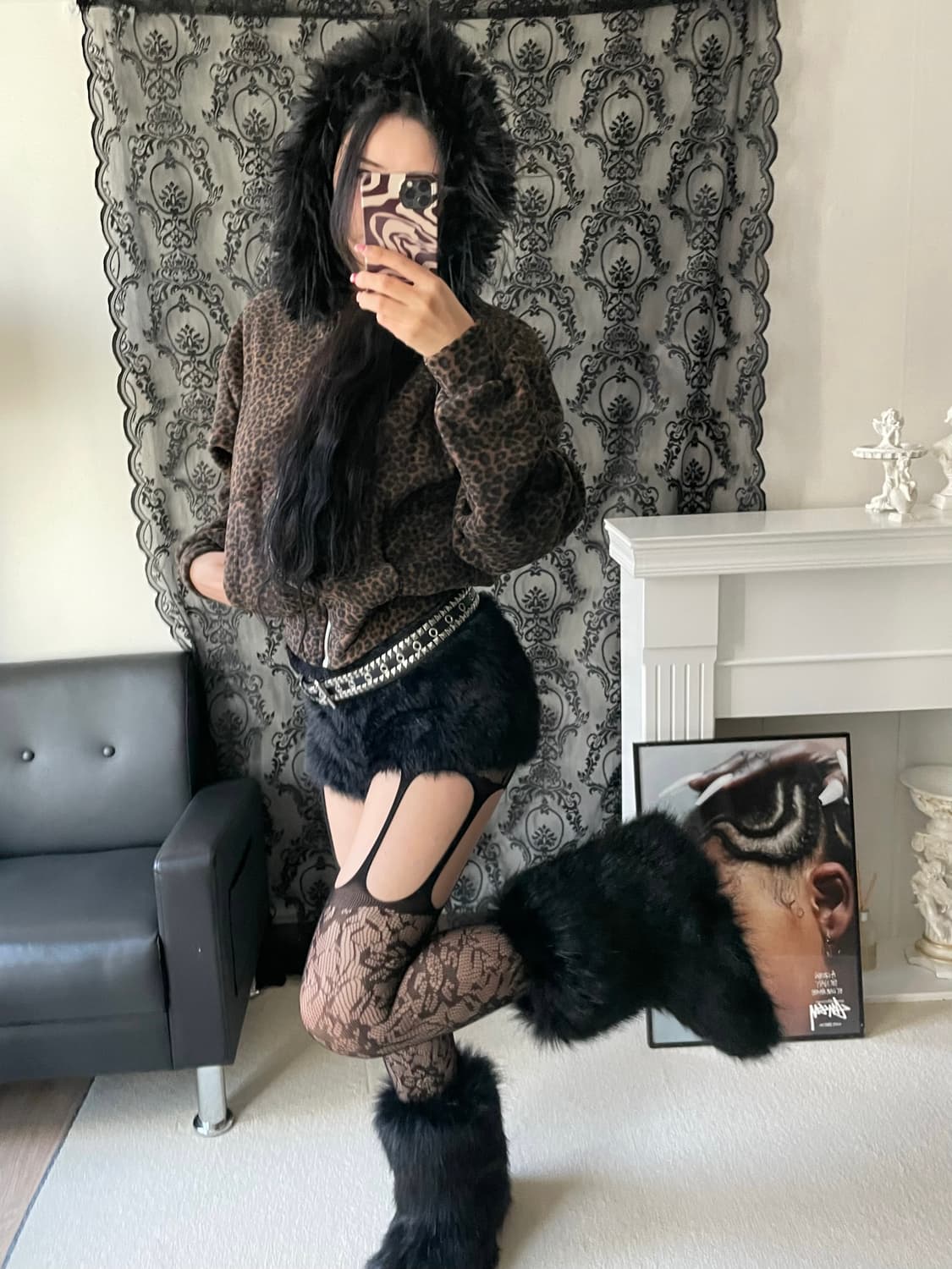 레오파드 호피 퍼 후드 후리스 기모 집업 상품이미지9