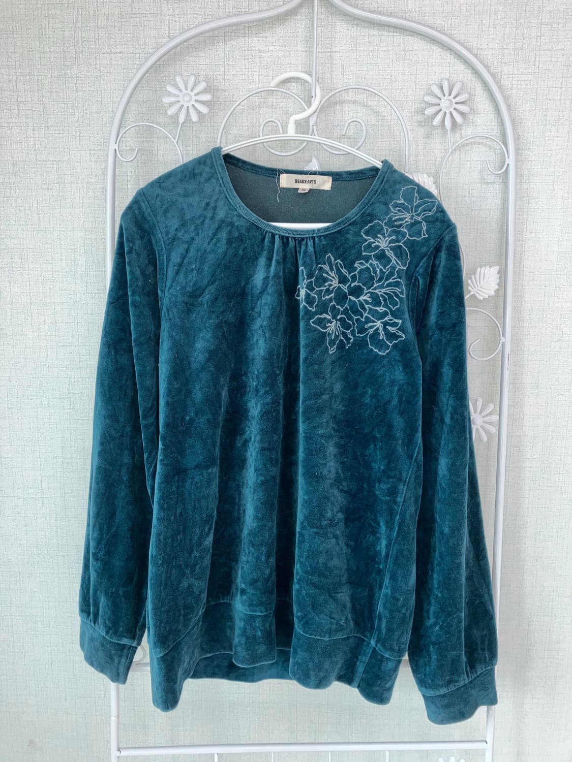 jpn vintage 딥블루 플라워패턴 벨벳 긴팔 티셔츠 y2k 스트릿  상품이미지1