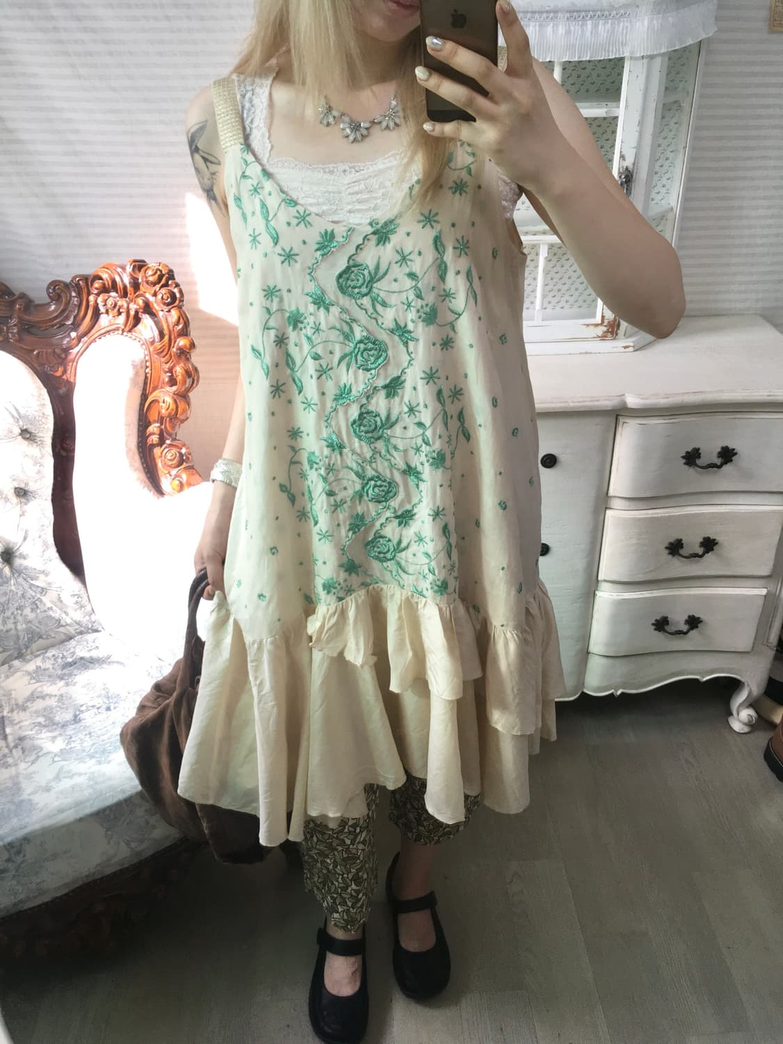 jpn vintage 아카이브 청록 자수 프릴 원피스 상품이미지1