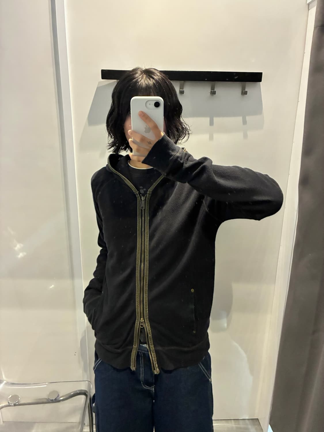 빈티지 롱슬리브 후드 집업 그린 배색 트리밍 디테일 블랙 상품이미지2