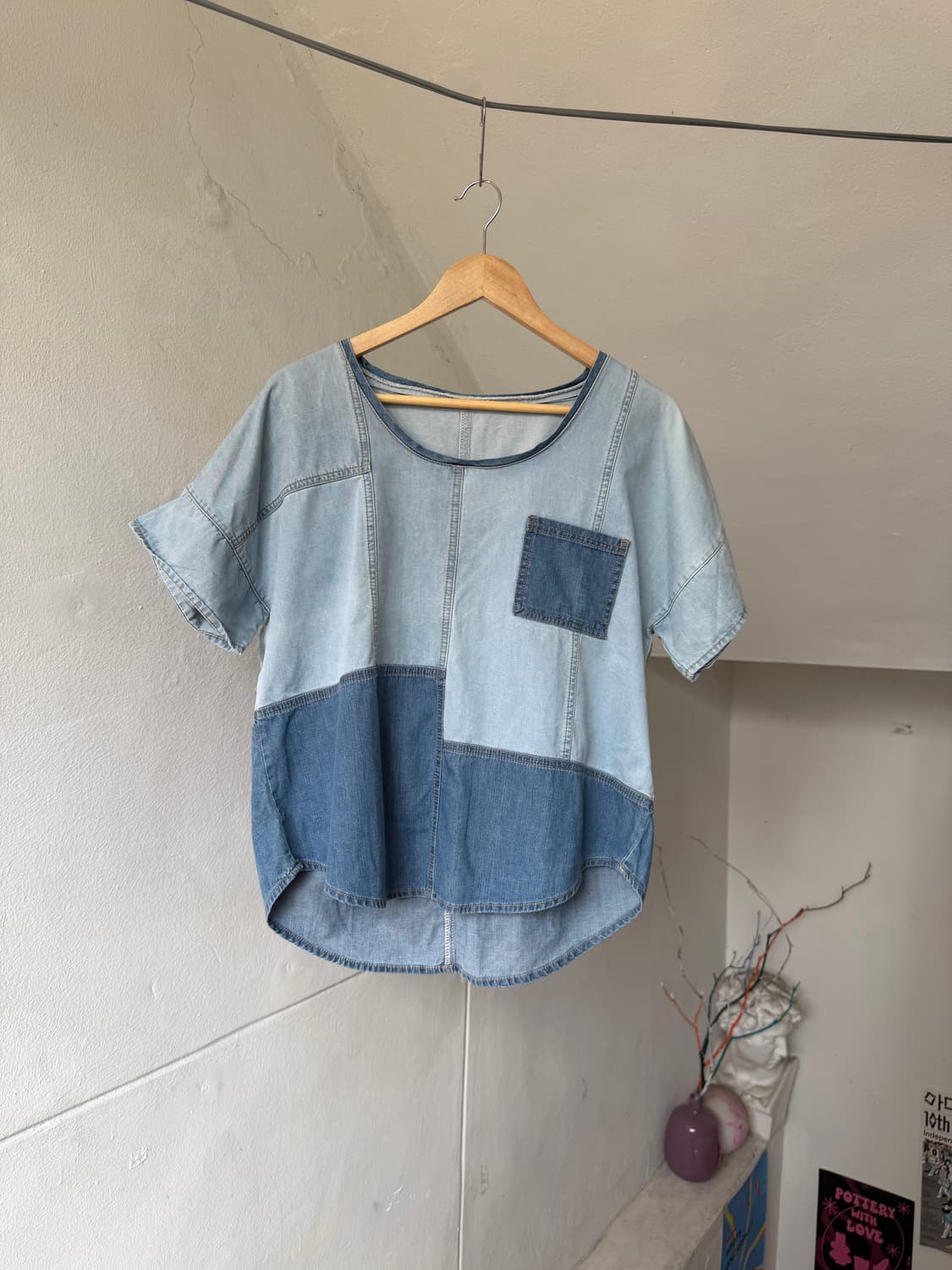 데님 패치워크 크롭 티셔츠 상품이미지1