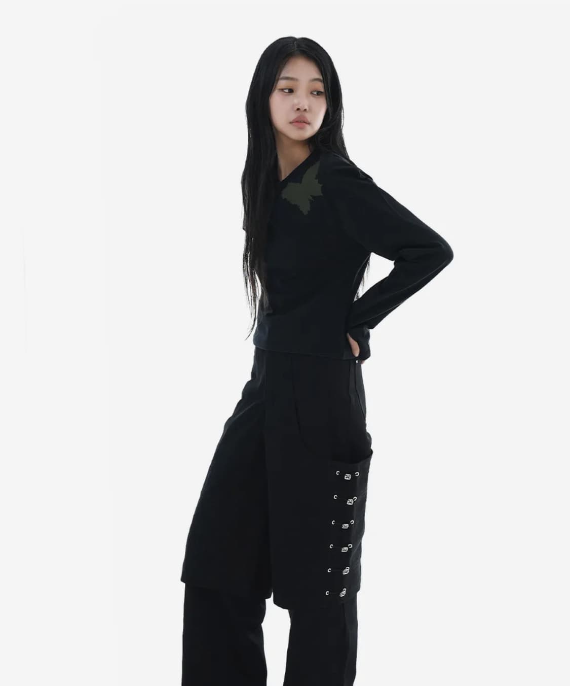 헤오진 플레어 베어리언트 레이어드 와이드 코튼팬츠 블랙  상품이미지7