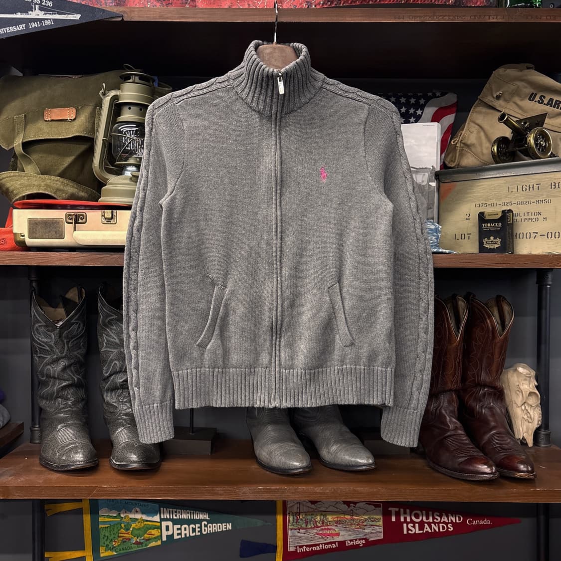 90s 폴로 랄프로렌 핑크포니 케이블 코튼 하이넥 니트집업  N318 상품이미지1