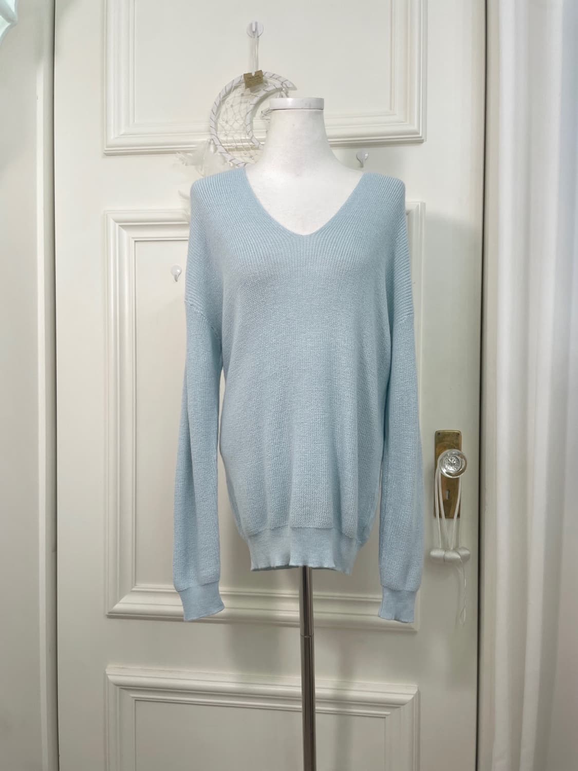 mint blue feminine v-neck knit top 상품이미지1