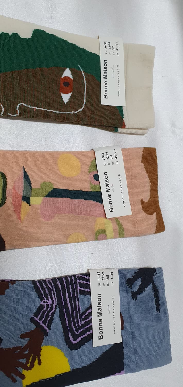 크림베이지 그린 블루 스트라이프 추상 Bonne Maison 본메종 양말 상품이미지4