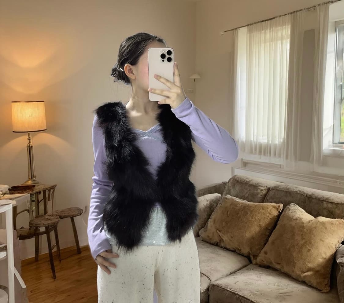 빈티지 고딕 블랙 여우털 폭스퍼 니트 양가죽 조끼 베스트 상품이미지4