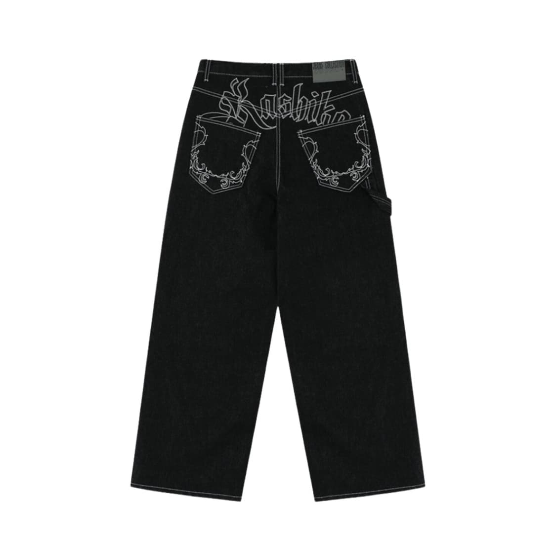 카시코 자수 논페이드 데님팬츠 블랙 상품이미지1