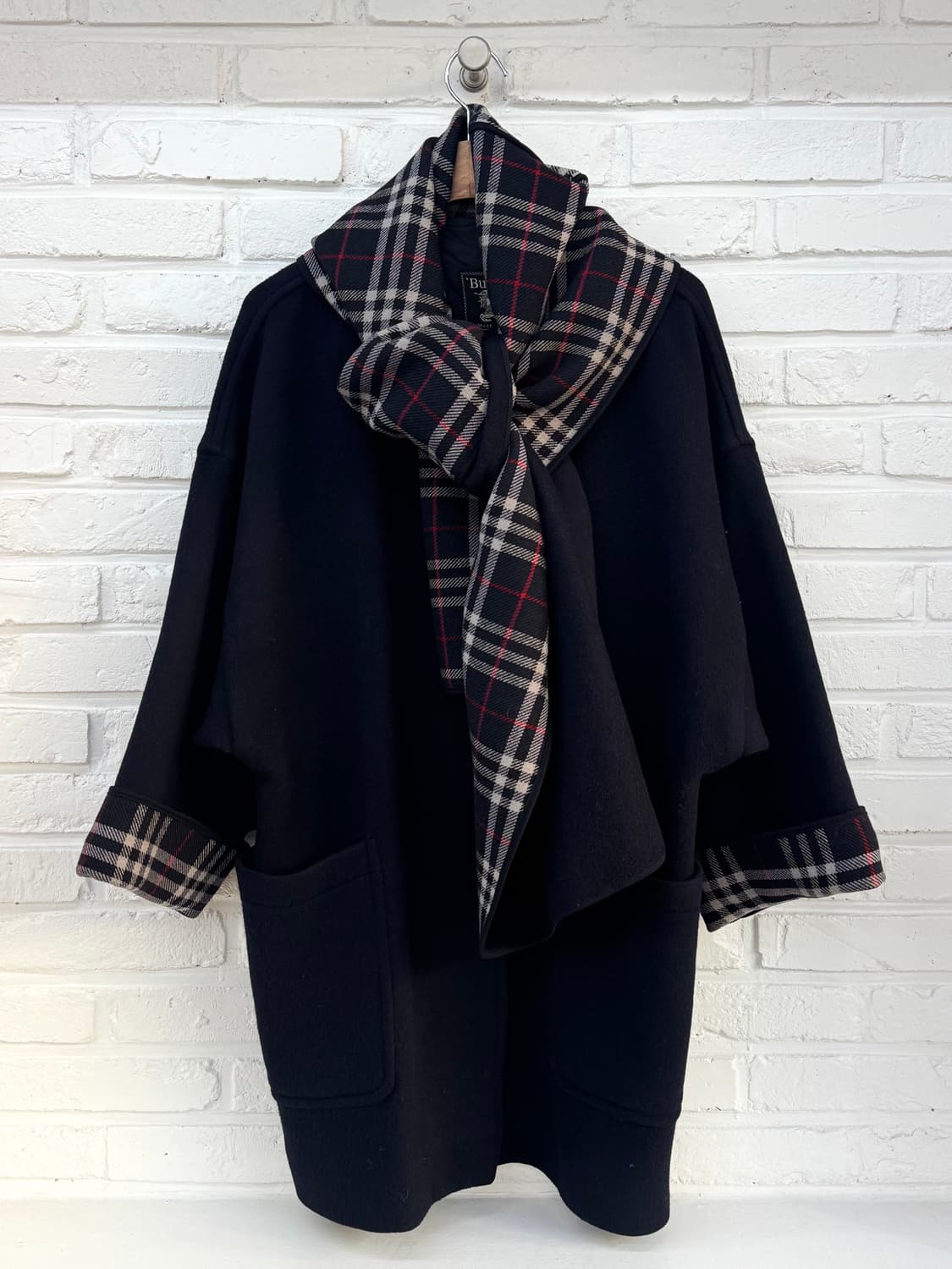 버버리 네이비 체크 울 케이프 코트 상품이미지1