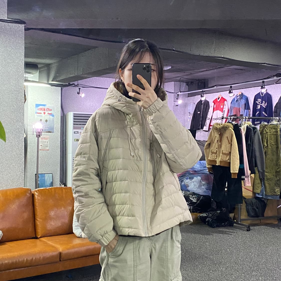 빈티지 후디 스트링 베이지 경량패딩 B3268 상품이미지1