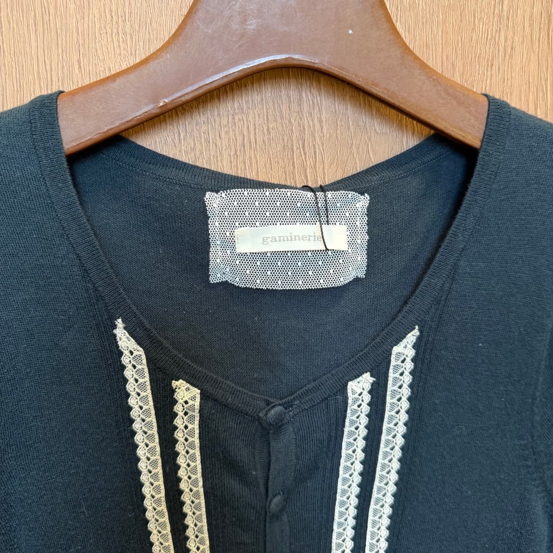 빈티지 반팔 니트 가디건 퍼프 소매 레이스 라인 디테일 네이비 상품이미지5