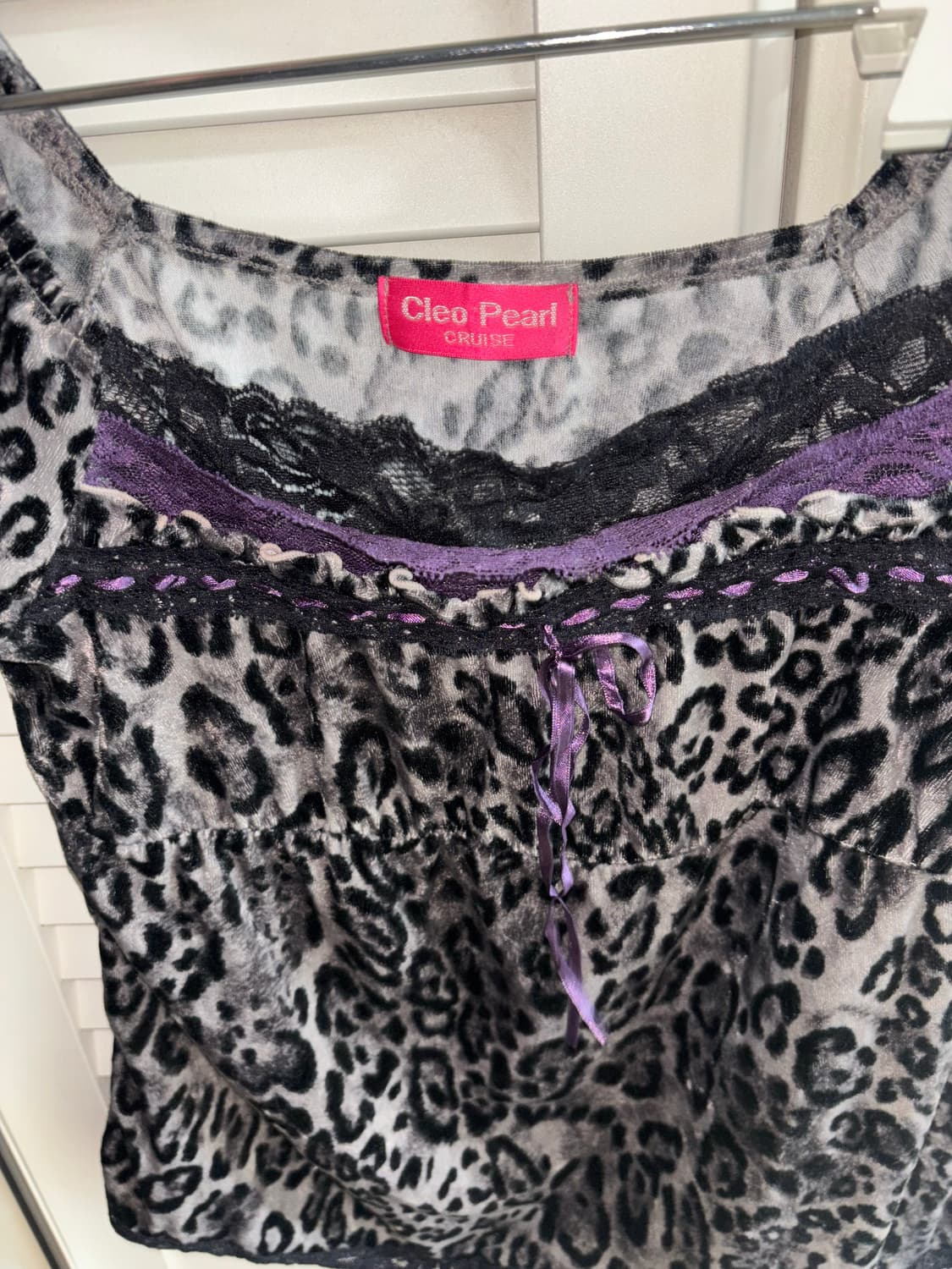 Cleo pearl 레오파드 블라우스 퍼플 호피 갸루 반팔 슬림핏 상품이미지3