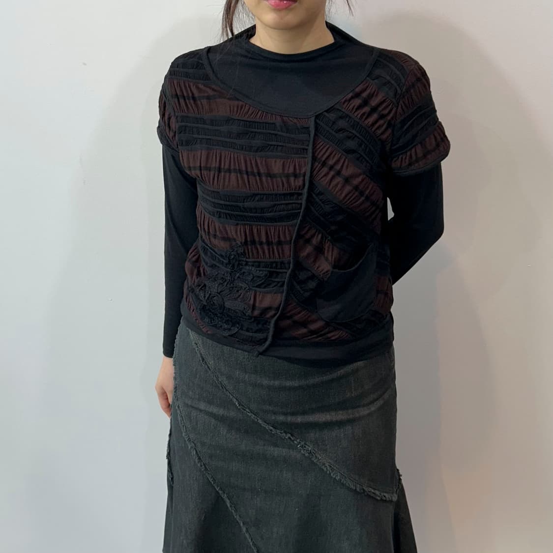 블랙 브라운 디테일 레이어드 티셔츠 상품이미지2