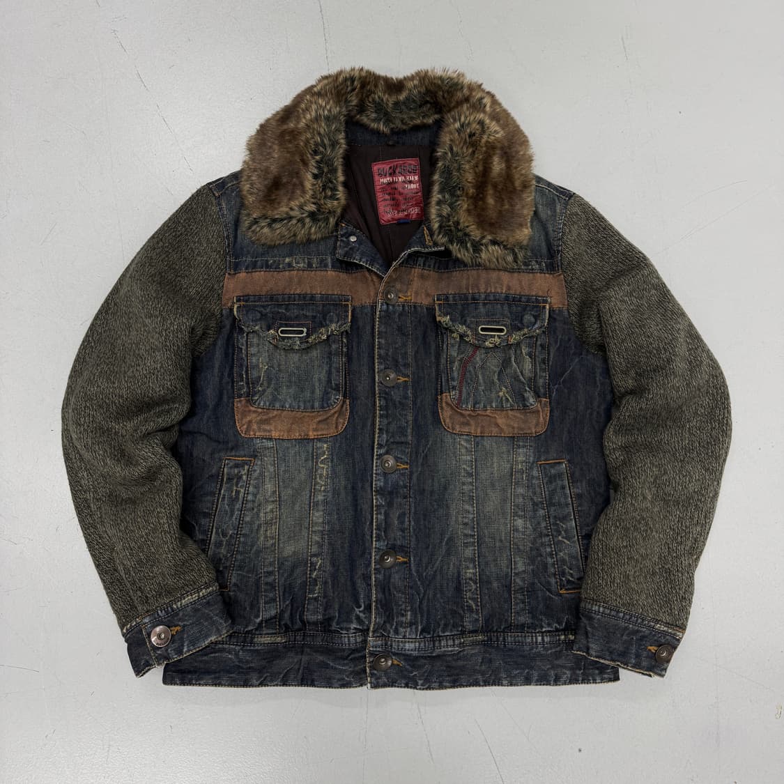 버커루 Y2K 락 펑크 퍼 니트도킹 데님자켓 상품이미지2