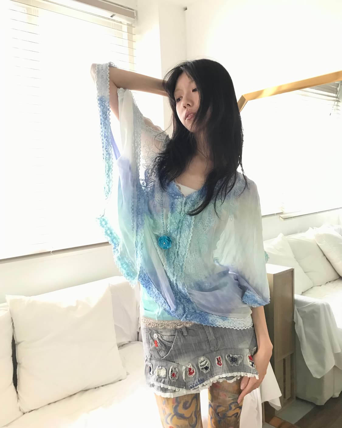 Blue tie-dye bohemian lace box blouse 상품이미지10