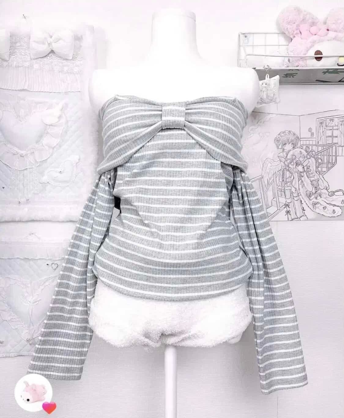 Colza 그레이 스트라이프리본오프숄더탑 히메갸루 리즈리사트랄라라stc 상품이미지1