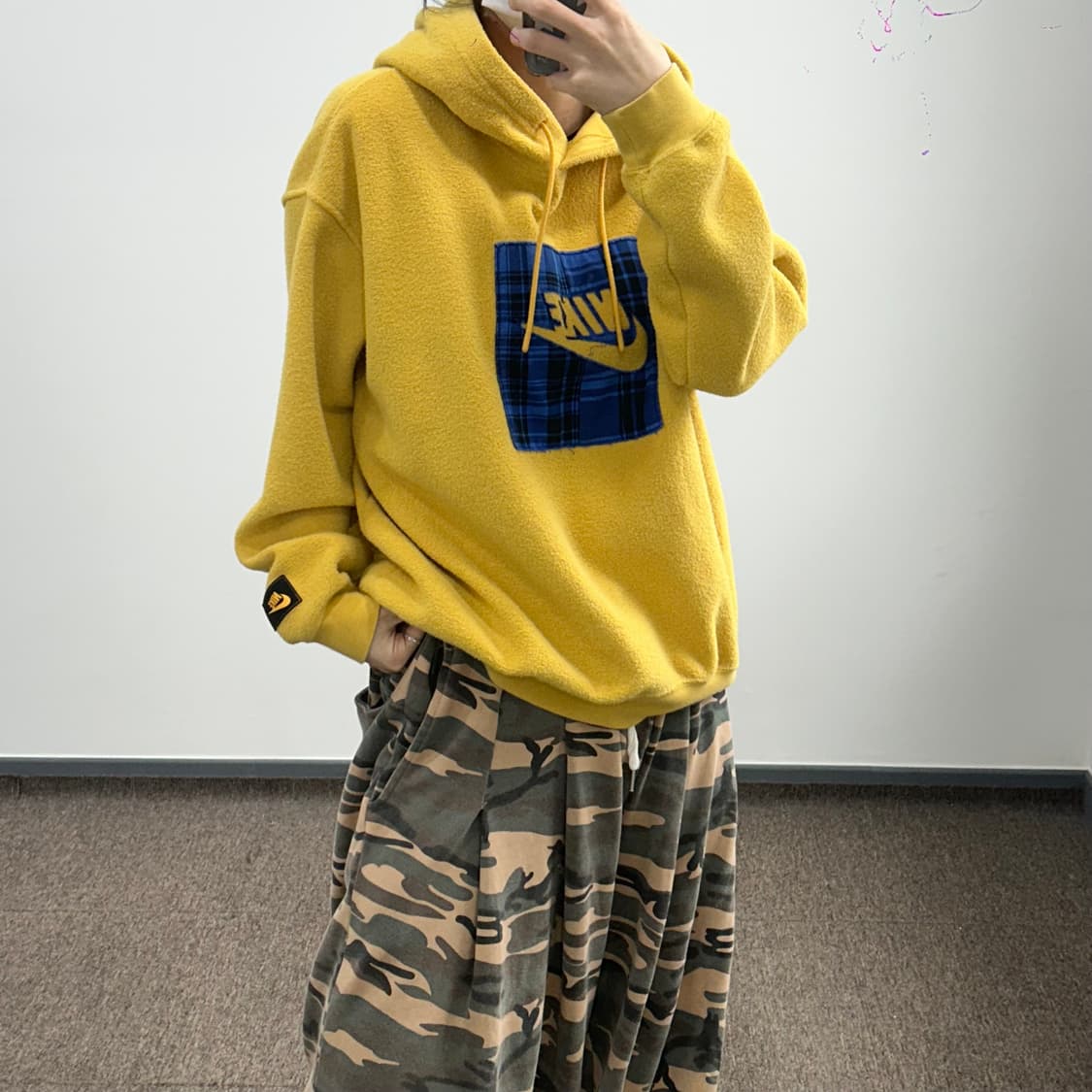 Nike 타탄 체크 박스로고 옐로우 플리스 후드티 상품이미지3