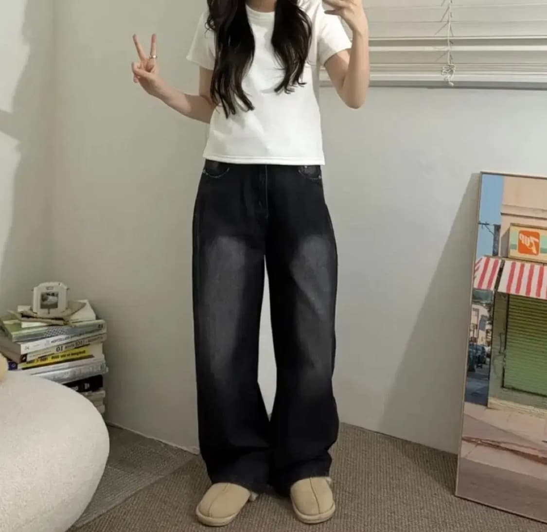 에이블리 원더라이크 양옆 허리 벨트 와이드 핀턱 데님 청바지 상품이미지2