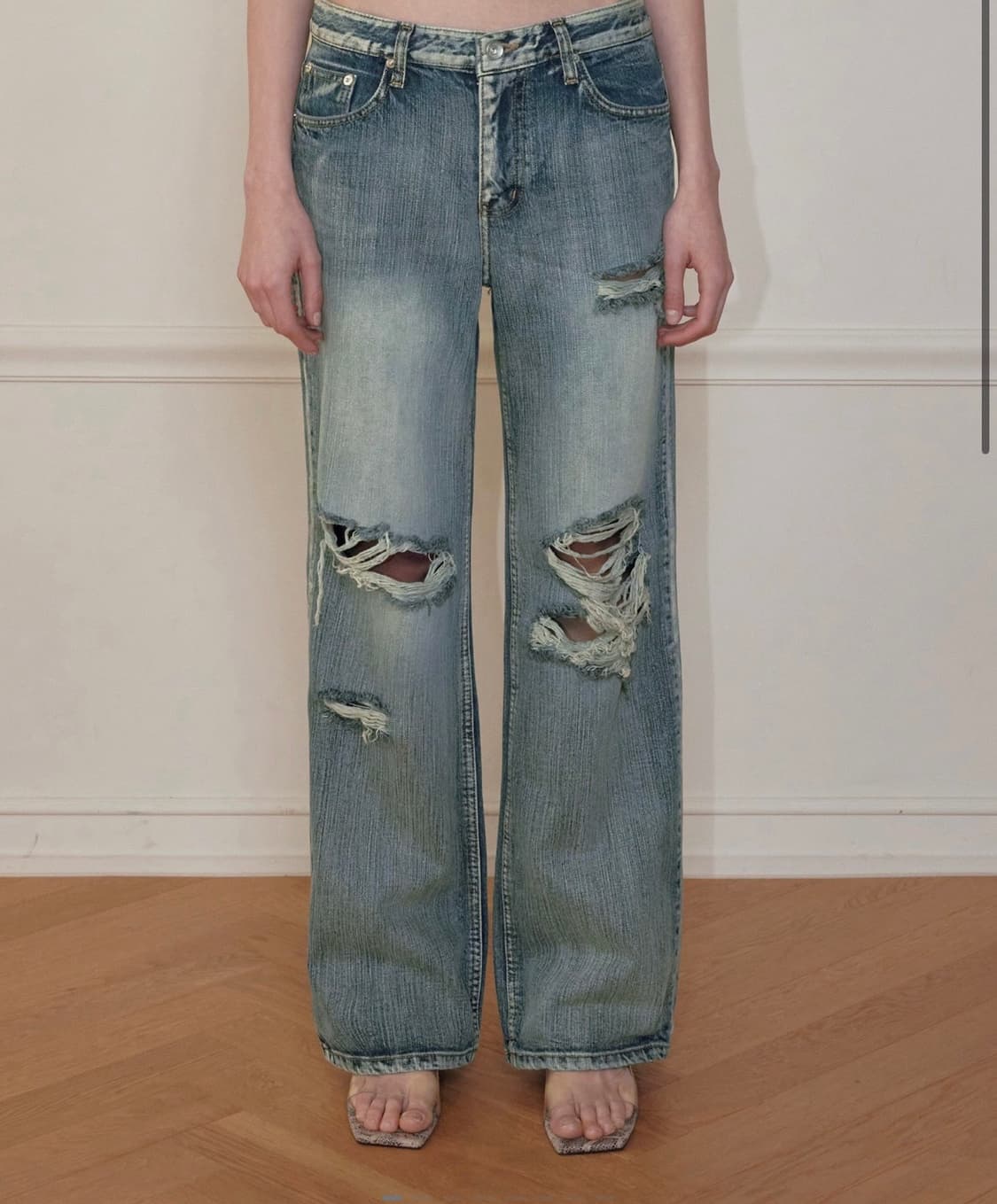 보헤미안서울 하이라이트 데미지 와이드 팬츠 블루 찢청 청바지 상품이미지1