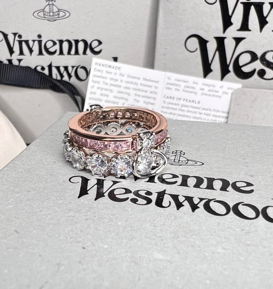 비비안웨스트우드 아카이브 실버 크리스탈 orb 로즈골드 2단 레이어 링 상품이미지3