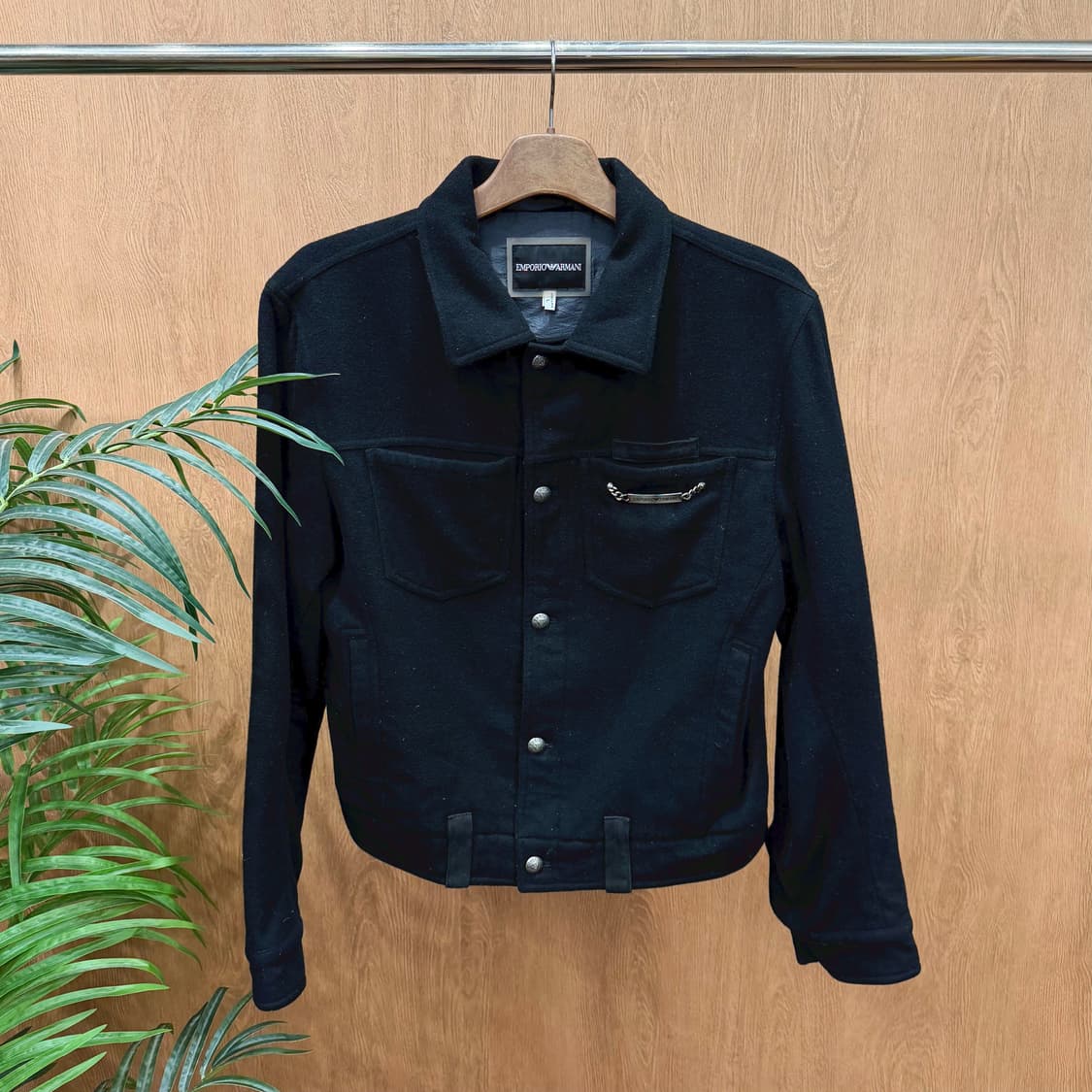 아르마니 익스체인지 카라 자켓 메탈 체인 스냅 버튼 디테일 블랙 상품이미지1