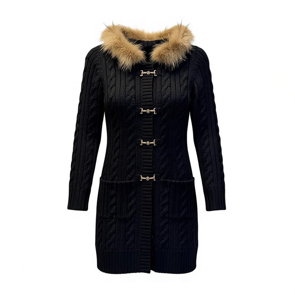 JPN VINTAGE 꽈배기 니트 롱 가디건 벨트 퍼 후드 디테일 블랙 상품이미지1