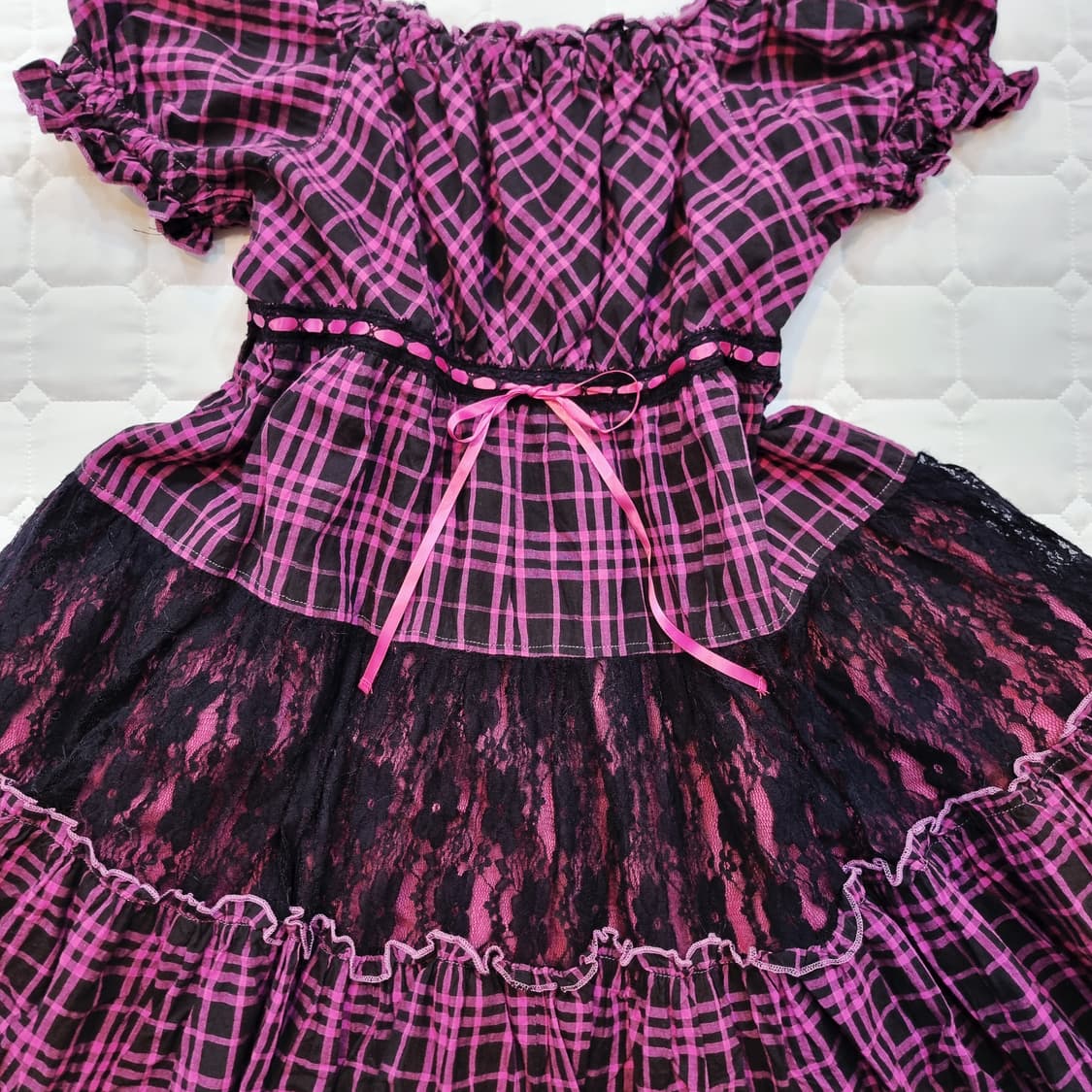 핑크 체크 블랙 레이스 고스로리 원피스 상품이미지7