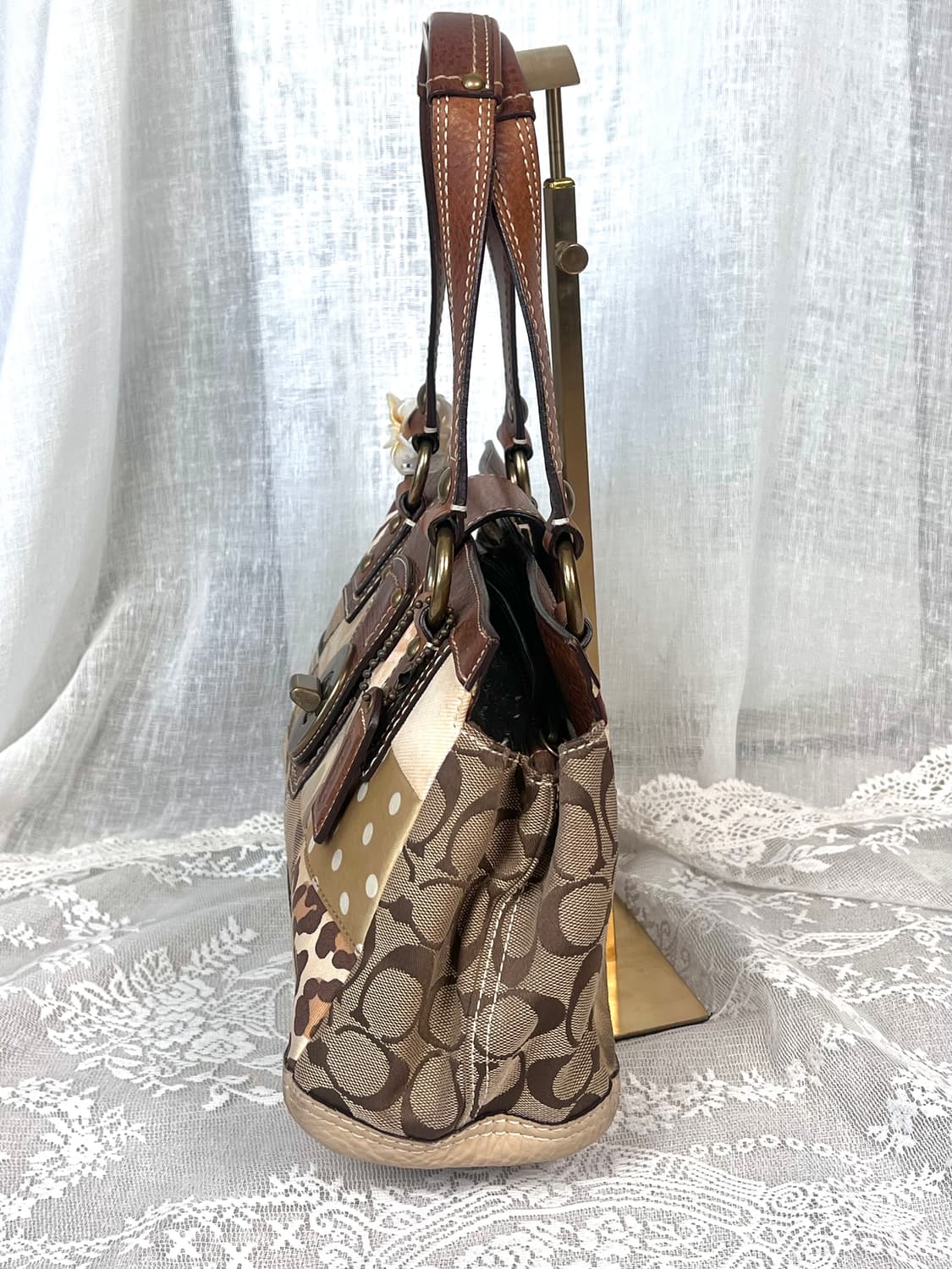 90s coach 패치워크 시그니처 호피 브라운 레더 캔버스 토트백 상품이미지5
