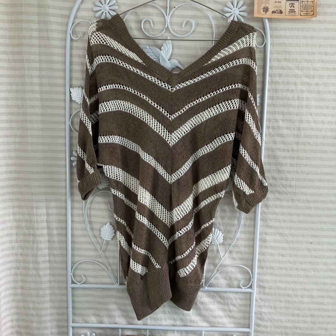 빈티지 초코 브라운 스트라이프 펄 오프숄더 니트 969 y2k 스트릿 갸 상품이미지4