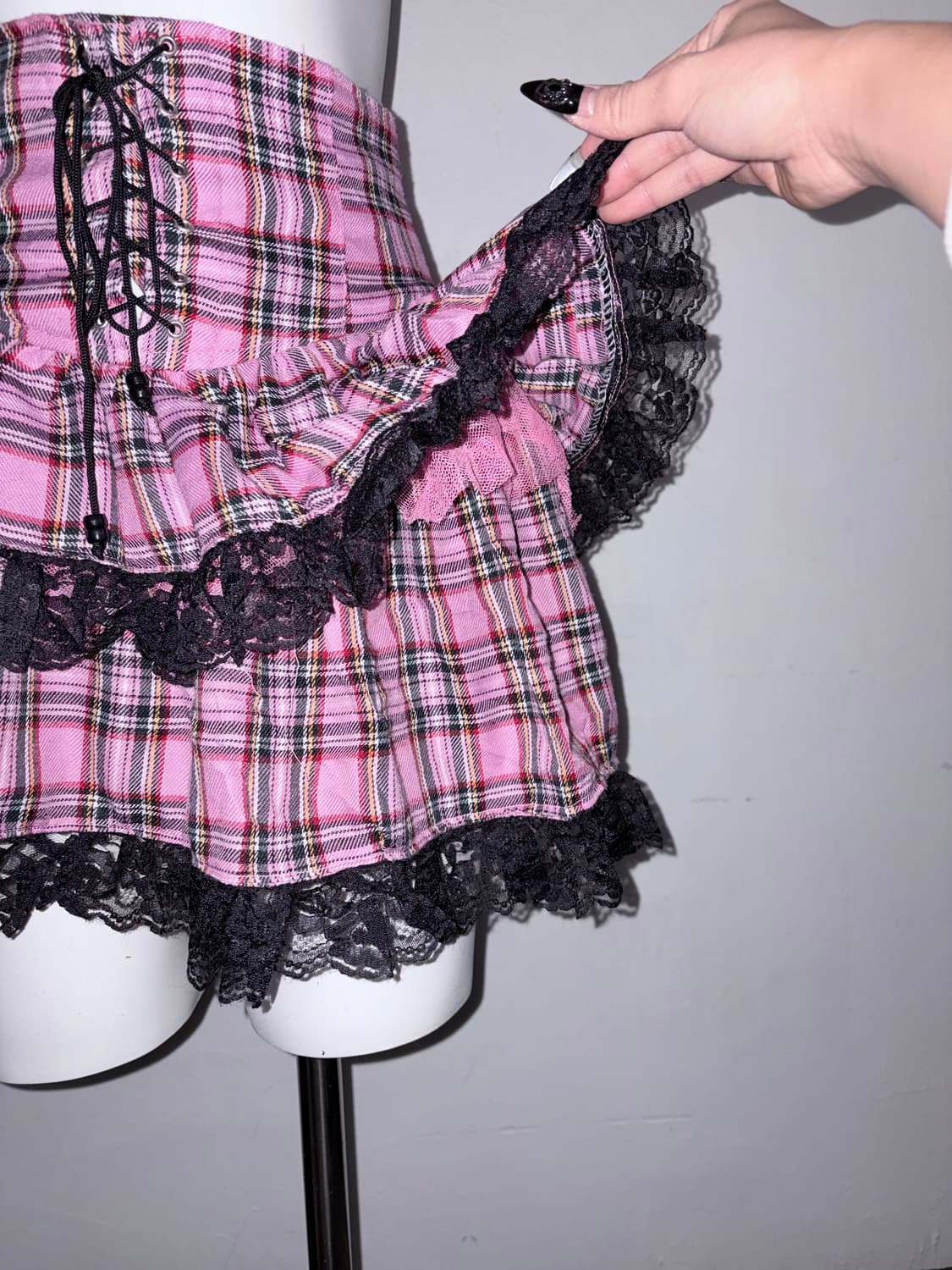 고스로리 핑크 체크 갸루 코르셋 프릴 스커트 고딕 로리타 히메갸루 상품이미지4