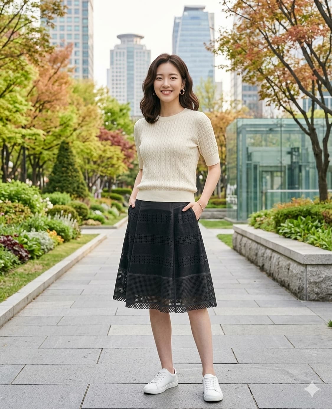 티렌 THYREN 블랙 펀칭 플레어 F/W 미디 스커트 55 상품이미지1