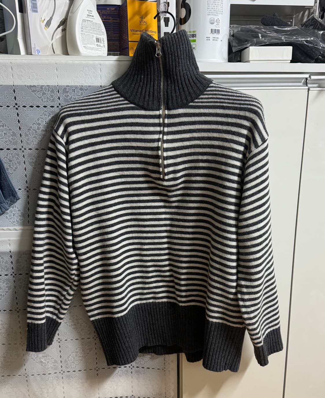 블루 썬플라워 스트라이프 하프집업 M사이즈 상품이미지2