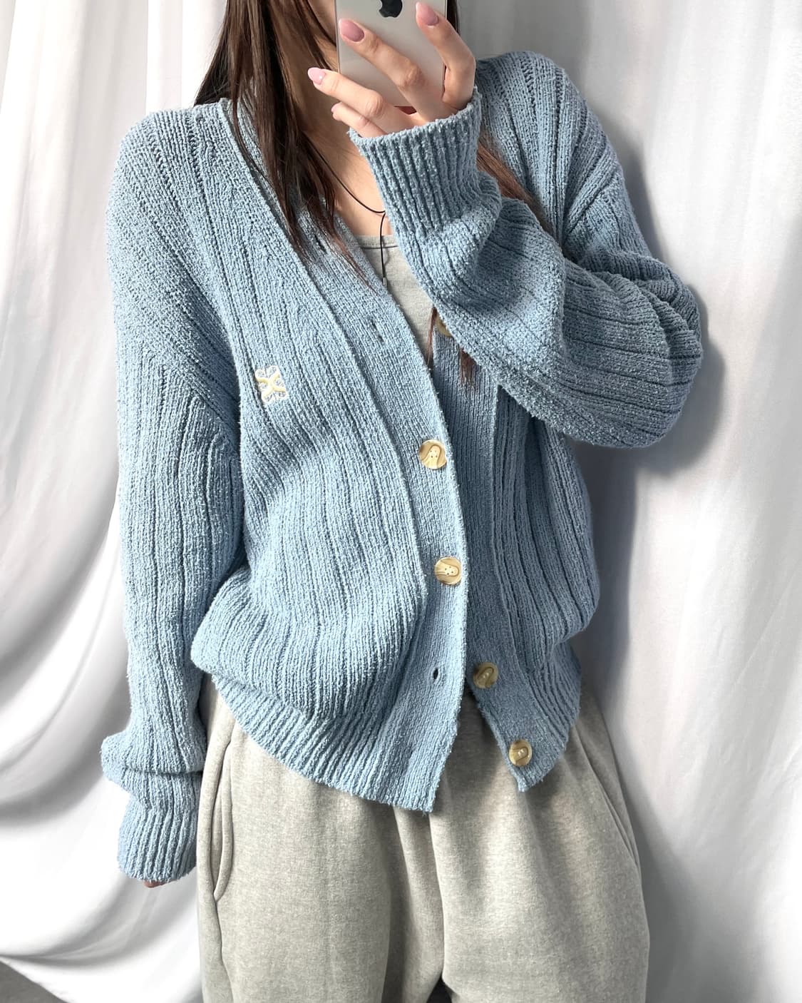 Satur 새터 자수로고 블루컬러 버튼 가디건 상품이미지6