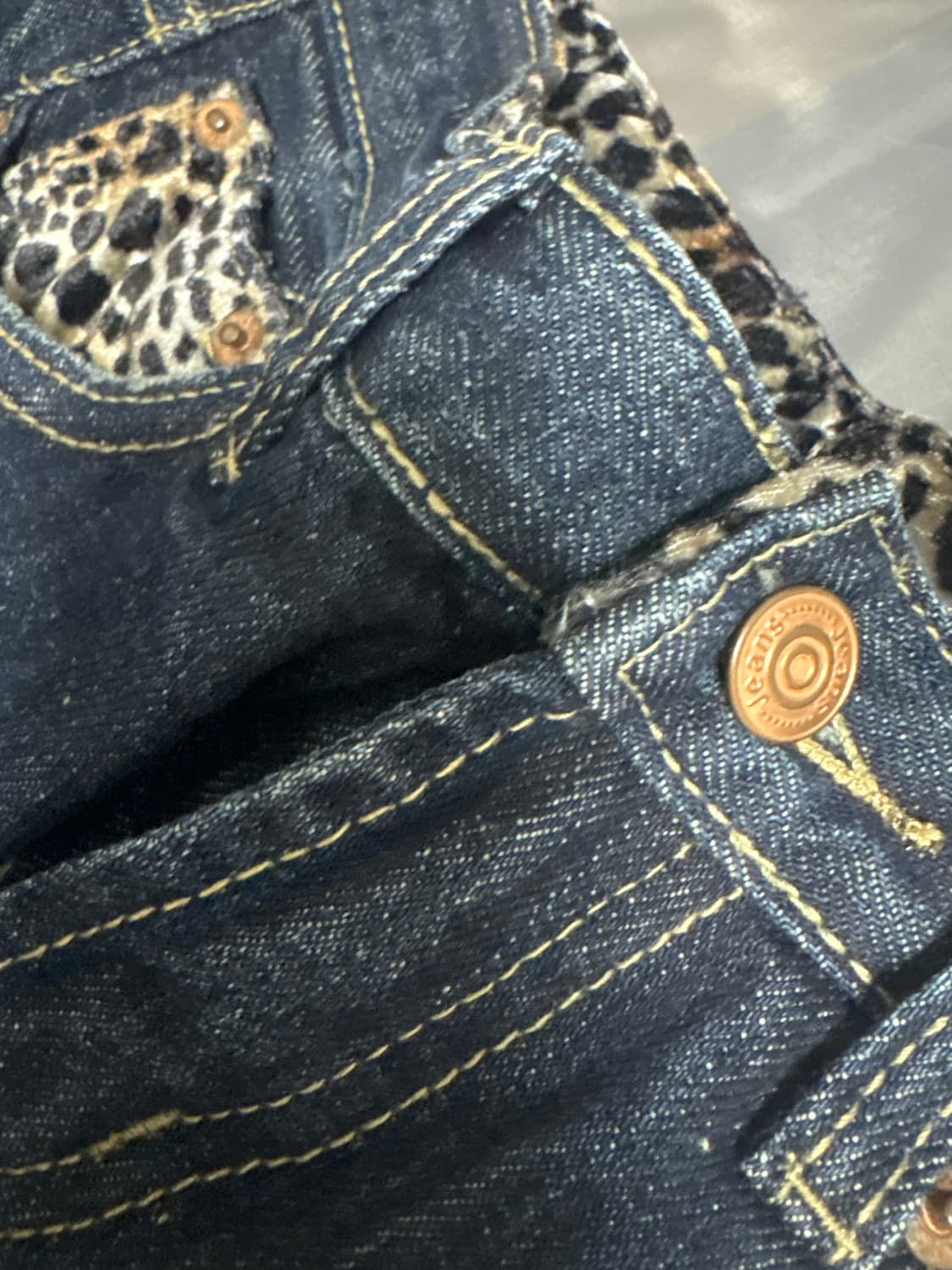 갸루 벨벳 호피) 빈티지 데님 청바지 호피 포인트 반바지 상품이미지4