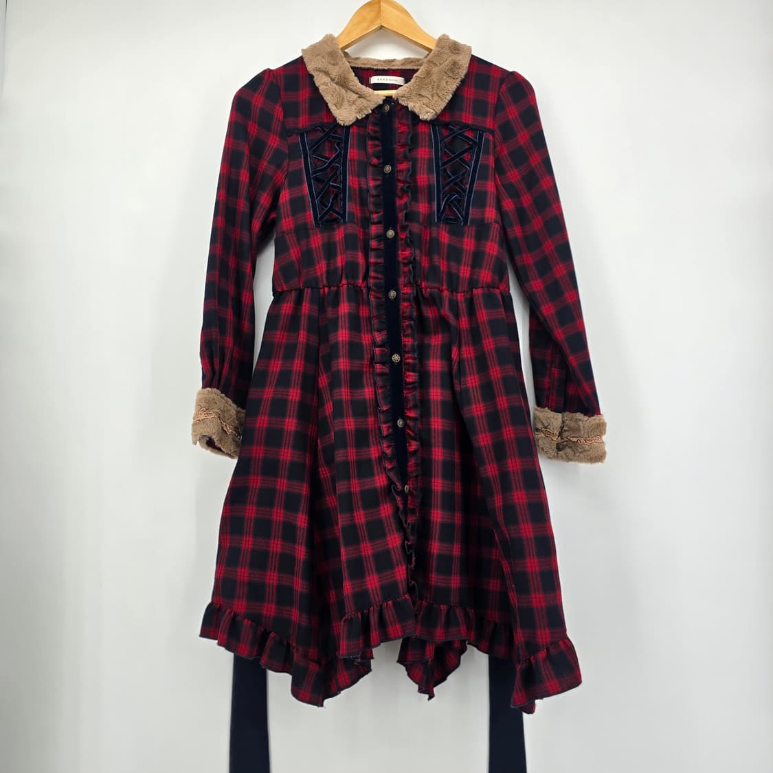 AXESFEMME 체크 원피스 퍼 카라 장식 상품이미지1